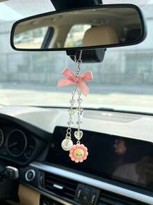 Cute Sunflower Car Rearview Mirror Hanging Ornament, Pink Bow Crystal Chain Car Decor, Adorable Car Decoration Gift - Sun Pearl Bow - View 9