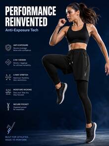 1pc Women's 2-In-1 Long Pants, Sports Outdoor Fitness Running, Workout, Running Training 2-In-1 Shorts Inner Long Pants Black - Black - View 4