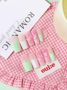 24pcs Extra Long Rectangular Press-On Nails, Pink Glitter Fake Nails With Colorful Striped French Tips, 3D Flower And Iridescent Rhinestone Decor, Reusable Full Coverage Artificial Nails For Women Party Photo Manicure - Baby Pink - View 5