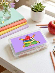 1pc Custom Pencil Case With Name, Clear Pencil Box With Cartoon Apple/Bus Design, Perfect Back To School Gift For Students,Ideal For Classroom And Home Use - Multicolor - View 10