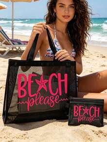 網格托特包套組，彩色「Please Beach」字樣與海星設計，網格化妝包，海灘手提包，休閒度假包，可折疊大容量游泳包，夏季必備，適合學校、度假、開學使用，送給朋友和老師的理想禮物 - 彩色 - 查看 1