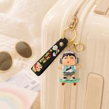 MINISO 動漫蠟筆小新滑板男孩造型鑰匙圈 時尚耳機男孩小公仔鑰匙環 酷街頭風配件 適用於背包、錢包、拉鍊拉頭裝飾 嘻哈風創意小物 - 黑色的 - 查看 5
