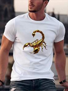 Yellow Scorpion Print, Casual Crew Neck T-Shirt Suitable For Casual Wear And Outdoor Activities, Casual Wear T-Shirt.|Eye-Catching Print Top|Breathable Cotton - 黑色 - 查看 7