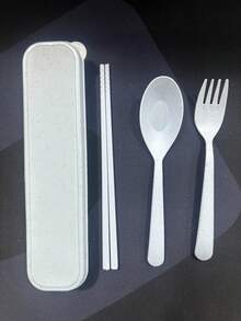 一套便携式塑料条纹餐具,户外野餐用具,可重复使用的勺子和叉子套装,带收纳盒,适合野餐和日常使用,厨房用品,圣诞礼物,返校用品 - 彩色 - 查看 15