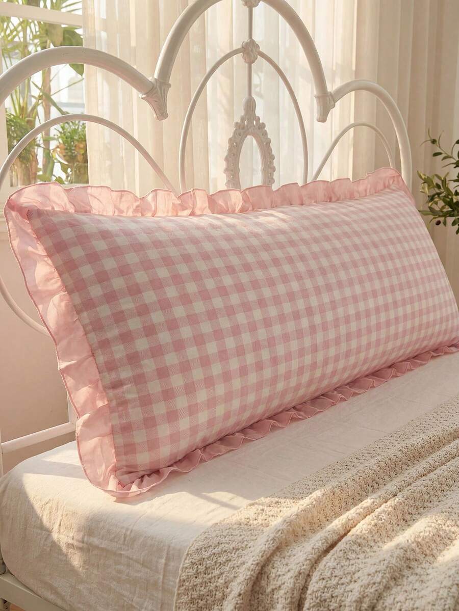 1 Stück süßer rosa Rüschen minimalistischer karierter plissierter langer Bolsterbezug - Weicher Polyesterstoff, dekorativer Lendenkissenbezug für Schlafzimmer und Sofa, Frühlingsdekoration, geeignet für alle Jahreszeiten
