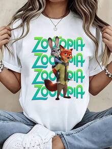 2026 New Edition Disney Women's Judy Hopps "Zootopia" T-Shirt - Judy And Potts Printed Short-Sleeved Top, Round-Neck Casual Summer Shirt, Suitable For - 白色 - 查看 1