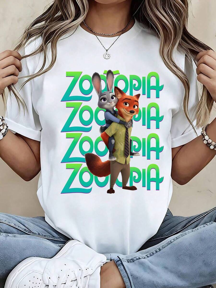 2026 New Edition Disney Women's Judy Hopps "Zootopia" T-Shirt - Judy And Potts Printed Short-Sleeved Top, Round-Neck Casual Summer Shirt, Suitable For - 白色 - 查看 1