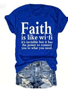 Women Christian Faith Letter Print T-Shirt, Faith Is Like Wi-Fi Graphic Round Neck Short Sleeve 100% Cotton Summer Top, Plus Size All Season - 藍色2 - 查看 1