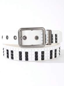 Men Y2K Piano Key Studded Belt Punk Streetwear Black White Waist Belt - Piano Key Rivet Strap - View 9