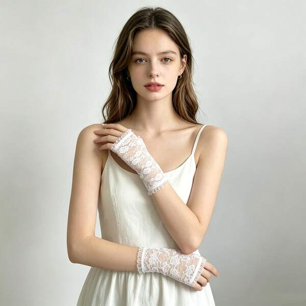 White Floral Lace Fingerless Gloves - Ruffle Trim Sheer Short Gloves For Wedding Party, Driving & Daily Wear