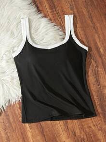 1pc All-Season Large U-Back Contrast Color Ribbed Tank Top, 2-In-1 Built-In Padded Sports Yoga Tank, Versatile Outerwear & Base Layer - Black - View 7