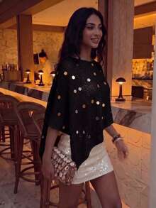 Summer New Beach Vacation Women's Knit Cover-Up, Solid Color Sequin Shawl, Semi-Sheer Knit Top - Black - View 3