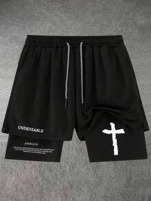 Men's Street Fashion Cross Print Knit Drawstring Shorts,2-In-1 Athletic Shorts Perfect For Gym Basketball & Beach Outings Cross Active Drawstring - Black - View 1
