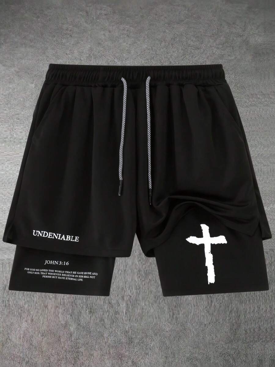 Men's Street Fashion Cross Print Knit Drawstring Shorts,2-In-1 Athletic Shorts Perfect For Gym Basketball & Beach Outings Cross Active Drawstring - Black - View 1