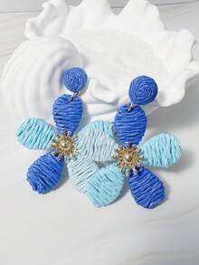 imoli 1 Pair/Fashion Bohemian Color Vacation Gradient Multicolor Handmade Raffia Flower Five-Petal Earrings Suitable For Women's Summer Beach Party Jewelry Gift - Multicolor - View 7