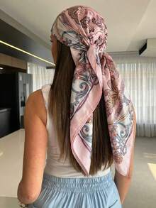 1件粉色極簡印花緞面正方形頭巾，春季新款時尚女式髮飾圍巾，可用作腰帶、緞帶、髮帶或頭飾 - 粉色 - 查看 6