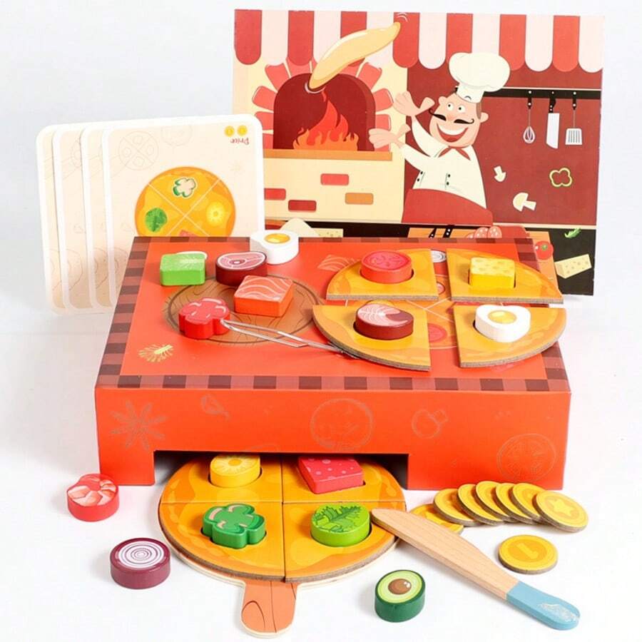 Kids'wooden Pretend Pizza Cutting Play Set With Various Toppings, A Fun Kitchen Role-Play Game For Parent-Child Interaction, Perfect Birthday Gifts