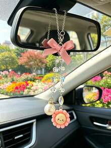 Cute Sunflower Car Rearview Mirror Hanging Ornament, Pink Bow Crystal Chain Car Decor, Adorable Car Decoration Gift - Sun Pearl Bow - View 2