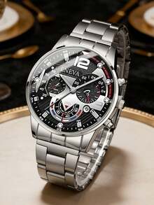 Set Jam Tangan Pria Fashion Bisnis Kasual 4 Buah, Jam Tangan Quartz dengan Dial Besar dan Tali Baja Bulat, Termasuk Gelang Rantai yang Dapat Dipersonalisasi, Kalung Liontin Salib, dan Set Aksesori Cincin, Cocok Sebagai Hadiah untuk Pria, Cocok untuk Liburan, Bisnis, Pesta, dan Pemakaian Sehari-hari - Perak - View 7