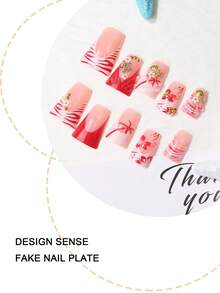 Change Your Nails 24片鴨型穿戴式假指甲，粉色調新中式3D花卉金飾，溫柔新中式風格，適合日常通勤、約會、派對，附指甲銼 + 果凍膠 - 淺粉色 - 查看 2