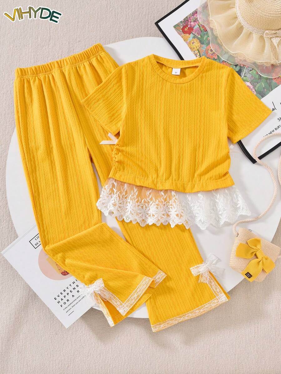Vihyde Tween Girls Spring/Summer Sweet Lace Patchwork Bow Decor Waist-Cinching Short Sleeve Top & Slit Flared Pants 2 Pieces Set - Ginger - View 1