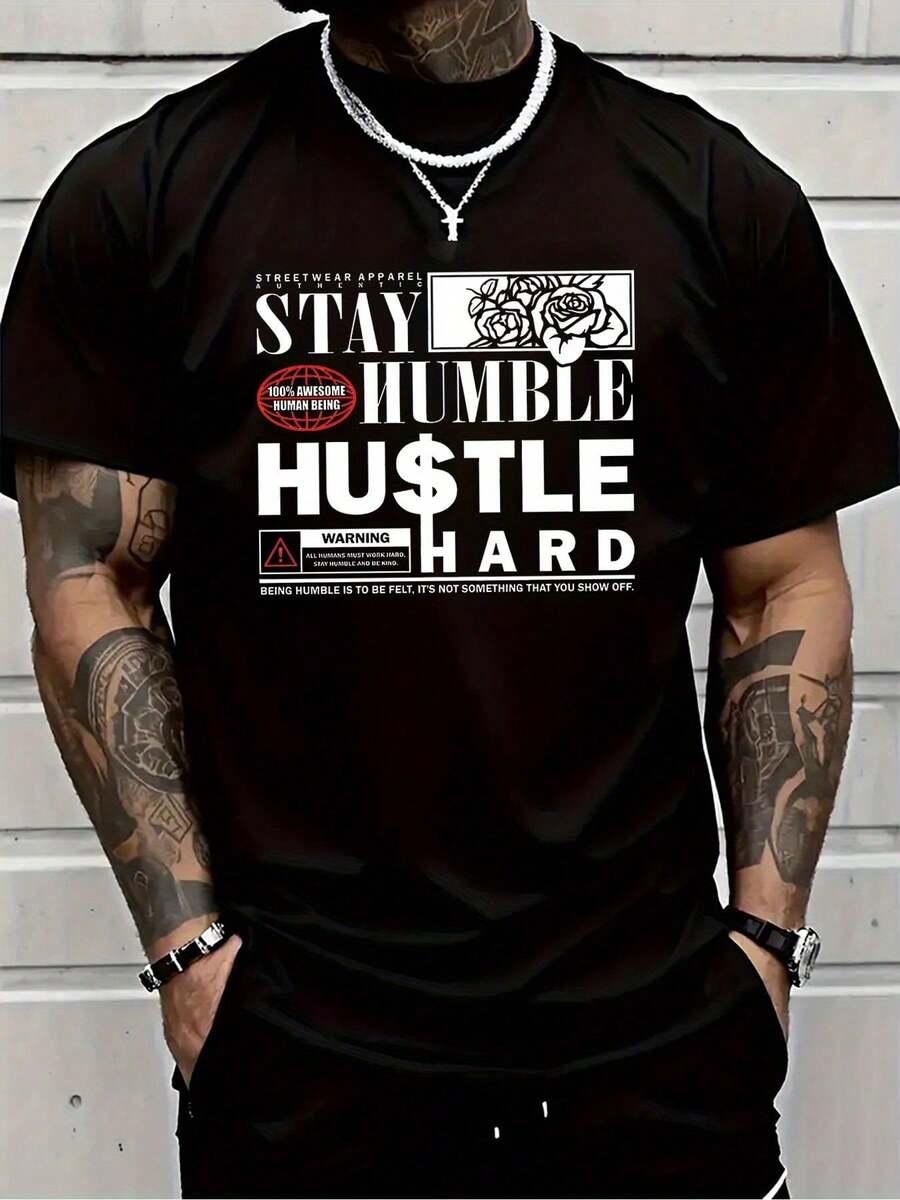 Camiseta Motivacional para Hombre - Estampado 'Mantente Humilde, Trabaja con Arduzo', Manga Corta, Cuello Redondo - Transpirable y Lavable a Máquina - Perfecta para el Gimnasio - Negro - Ver 1