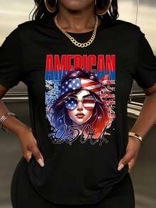 Camiseta de Moda para Mujer con Diseño Patriótico de la Bandera Americana para Celebración del Día de la Independencia del 25 de Julio, Estilo Casual de Verano - Negro - Ver 1