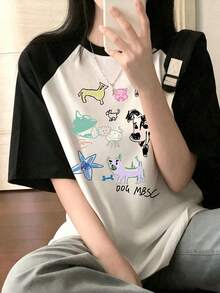 Áo thun nữ tay ngắn cổ tròn raglan phối màu, họa tiết động vật, sao, chó, lợn, chữ, kiểu dáng thường ngày, thích hợp cho mùa xuân/hè. - Đen và trắng - Xem 2