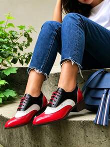 Women Oxfords Pumps Chunky Block Heels Mixed Color Lace Up Ladies' Business Loafers Fashion Comfy Casual Luxury Dress Shoes - 紅色 - 查看 1
