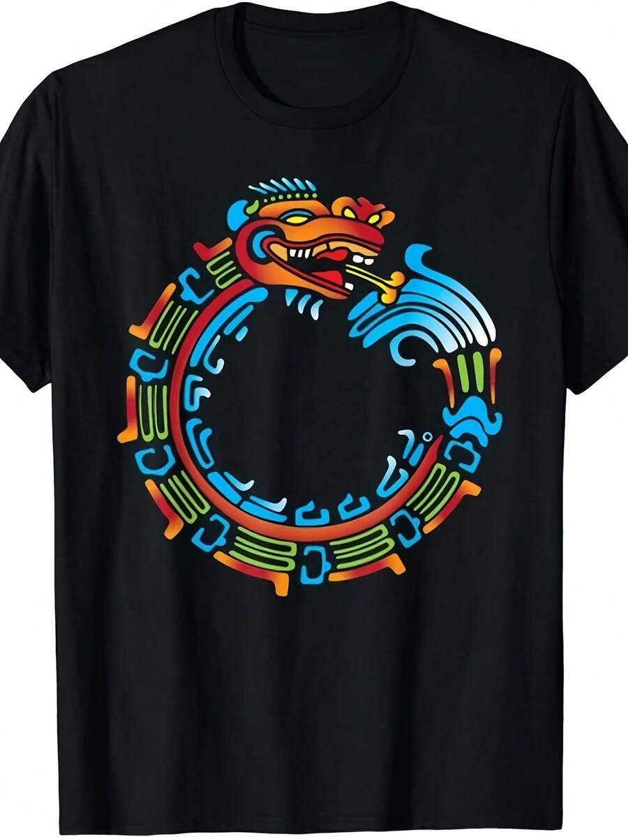 Nueva Camiseta Limitada Ouroboros Quetzalcoatl Serpiente Pluma Azteca Maya 2026, talla grande, cuello redondo, corte regular, lavable a máquina, regalo perfecto para cumpleaños y fiestas, ro - Negro - Ver 1