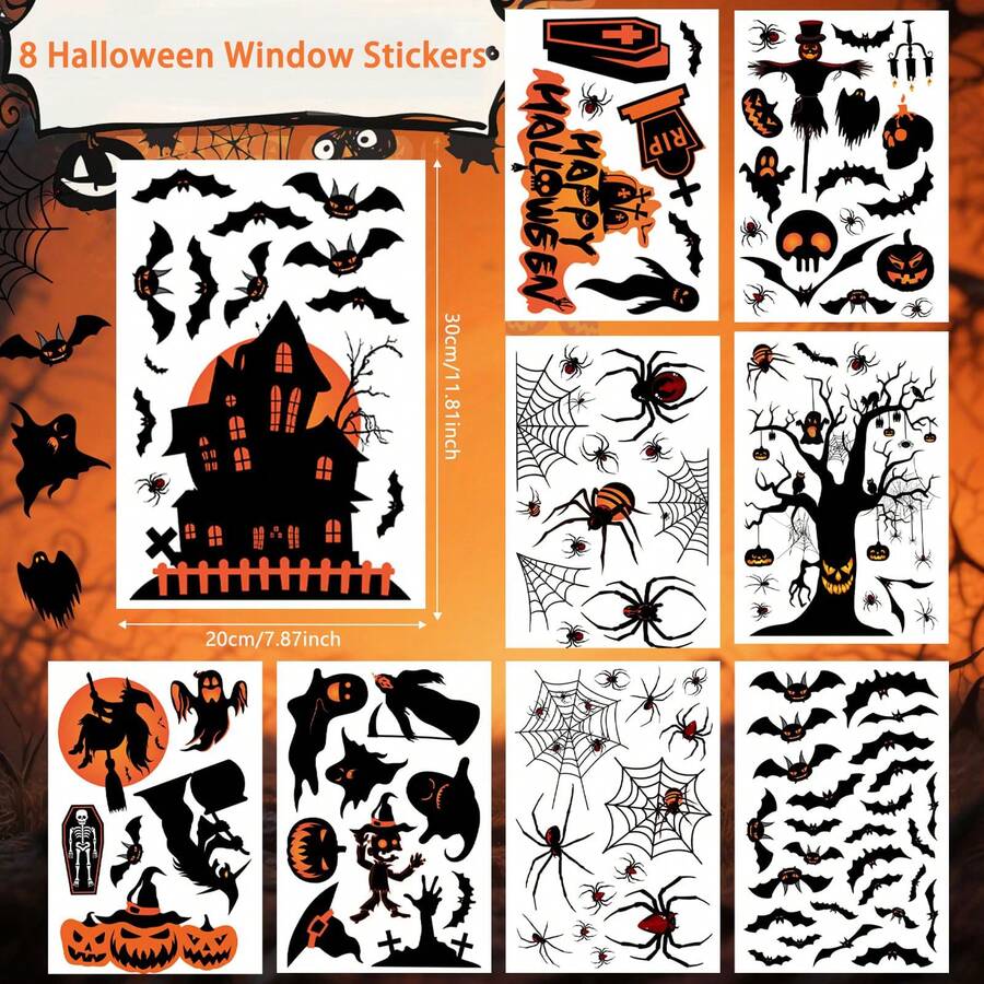 8/4 tấm dán kính Halloween, nhãn dán kính lâu đài Halloween tái sử dụng có thể tháo rời, decal trang trí tủ lạnh, phù hợp trang trí kính cửa sổ Halloween, dùng cho scrapbook, trang trí nhà cửa, phù thủy, lâu đài, bí ngô, dơi, nhện - Nhiều màu - Xem 1