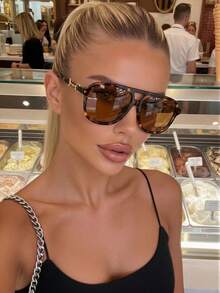 1 pieza Gafas de aviador de moda multicolor talla grande para mujer, elegantes retro, estilo callejero Y2K, gafas decorativas personalizadas para chica hot, adecuadas para fotografía callejera, playa, , viajes, pasarela, fiesta, conducir, compras, citas - Marco con estampado de leopardo y hojas de té - Ver 5