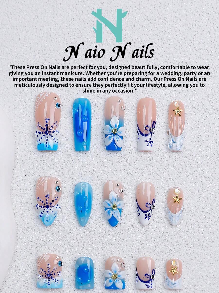 NAIO 10Pcs/Set Handmade Press On Nails, 3 Sizes: Coffin/Almond/Short Square, Y2K Summer Beach Style, Nude & Blue Ombre French Nails, 3D Floral, Water Drop & Starfish Design, Rhinestone Accents, For Women & Girls, Party Daily Wear For Ladies, Nail Supplies - Multicolor - View 1