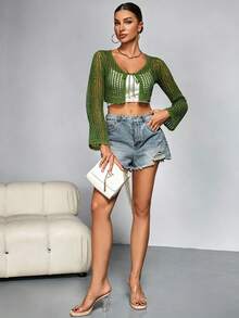 Plus Size Solid Color Cropped Hollow Knit Cardigan - Green - View 4