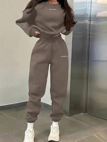 Ultra Soft Lined Sweatshirt & Jogger Pants Set, High Waist Loose Fit Casual Two-Piece Loungewear For Women #Workout Set - Brown - View 2