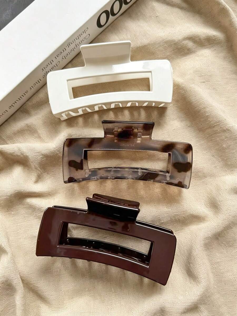 3pcs/1pc Women's 10.9cm/4.29in White Brown Tortoise Shell Leopard Print Square Large Lightweight Plastic Hair Claw Clip Fashion Versatile Premium Elegant Minimalist Solid Color Hair Accessory Suitable For Daily Wear, Outings, Casual, Party, Beach, Vacation, Ponytail, Bun, Washing Face, Bathing, Makeup, Outfit Matching, Hair Accessory - Multicolor - View 1