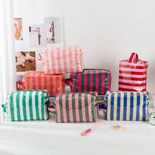 Bolsa de maquillaje a rayas personalizada con asa, organizador de cosméticos de gran capacidad, bolsa de almacenamiento de artículos de tocador, bolsa de viaje con cierre de cremallera, para uso diario, regalo de cumpleaños - Multicolor - Ver 12