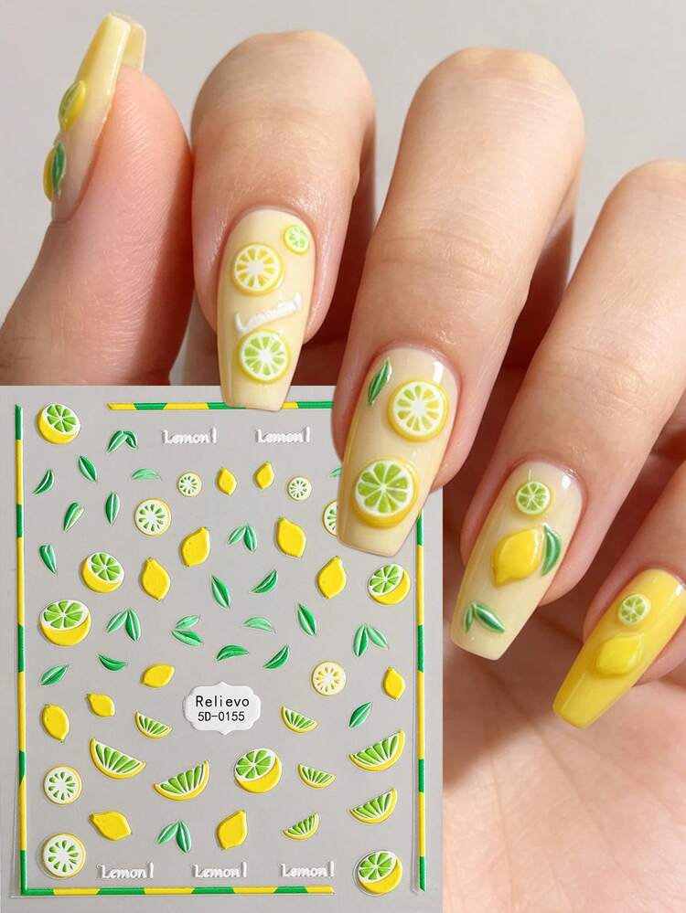 1 Pc 5D Embossed Nail Stickers,Spring Summer Lemon Design Nail Decals,Ideal For Women To DIY At Home - Yellow - View 1