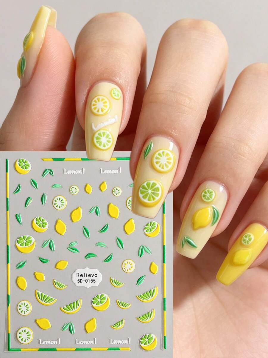 1 Pieza Pegatinas de Uñas 5D en Relieve,Diseño de Limón Primavera Verano Calcomanías de Uñas,Ideal para Mujeres para Hacer DIY en Casa - Amarillo - Ver 1