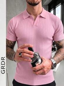 GRDR Men's Summer Airplane Collar Ribbed Solid Color Short Sleeve Knit Sweater, Suitable For Summer Outings, Essential For Fashionable Styling - Pink - View 6