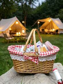 1pc Handwoven Wicker Picnic Basket With Lace Bow Decor Lined Fabric Lining Multi Style Red Gingham Check Pattern Portable Basket With Handle For Outdoor Picnic Camping - Multiple Styles - View 6
