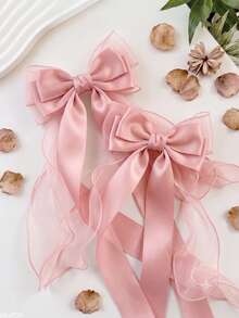 1pc Oversized Pink Bow Hair Clip, Elegant Satin Tulle Layered Ribbon Tail Hair Accessory, Vintage Cute Design Suitable For Summer Party, Wedding, Daily Wear - Pink - View 4