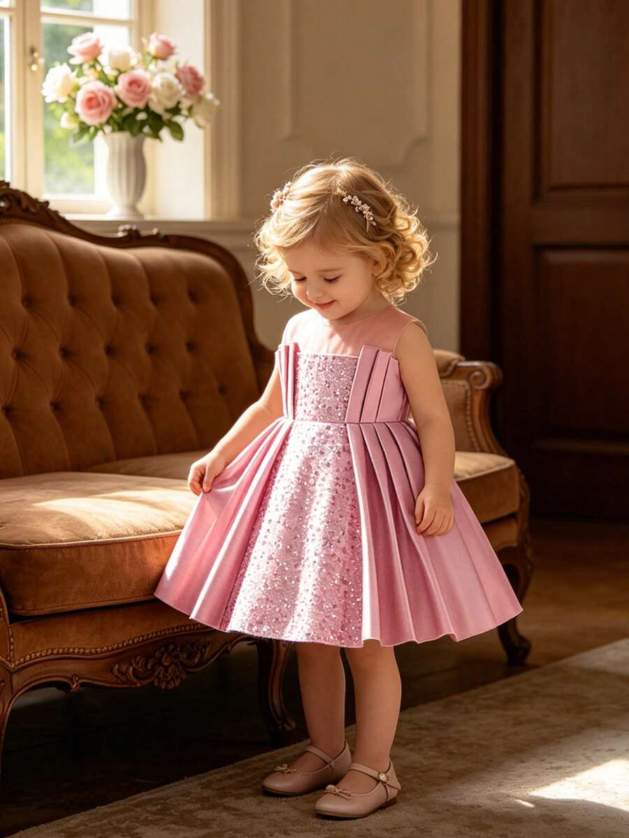 Baby Girl Sequin Patchwork Round Neck Pleated Party Dress, Suitable For Gatherings, Weddings, Birthdays, Celebrations, Formal Occasions, All Seasons - Dusty Pink - View 1