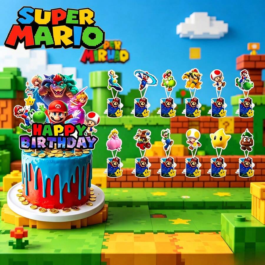 1 set Décoration de fête sur le thème du Royaume des Champignons, décoration en acrylique colorée avec des personnages emblématiques & lettrage "JOYEUX ANNIVERSAIRE", mettant en vedette le héros au chapeau rouge, le compagnon vert, la princesse & les méchants, durable & réutilisable, parfait pour les célébrations thématiques - Multicolore - Voir 1