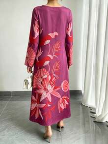 1pc Women's Orange Floral Print Casual Dress With Ruffle Sleeves, Elegant Arabic Style Maxi Dress, Luxury Party/Holiday/Vacation Dress, Perfect Gift For Mom, Daughter, Friend - Hot Pink - View 3