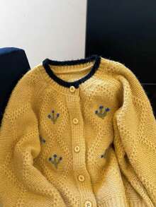 Women's Autumn/Winter Round Neck Vintage Preppy Style Crochet Soft Knit Cardigan Jacket Top, Casual Commute - Yellow - View 2