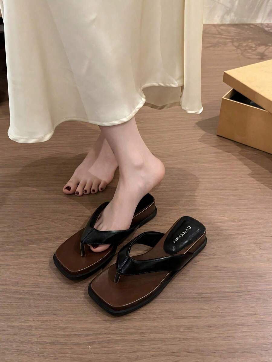 女士夏季新款撞色厚底方头休闲户外时尚人字拖凉鞋沙滩度假拖鞋