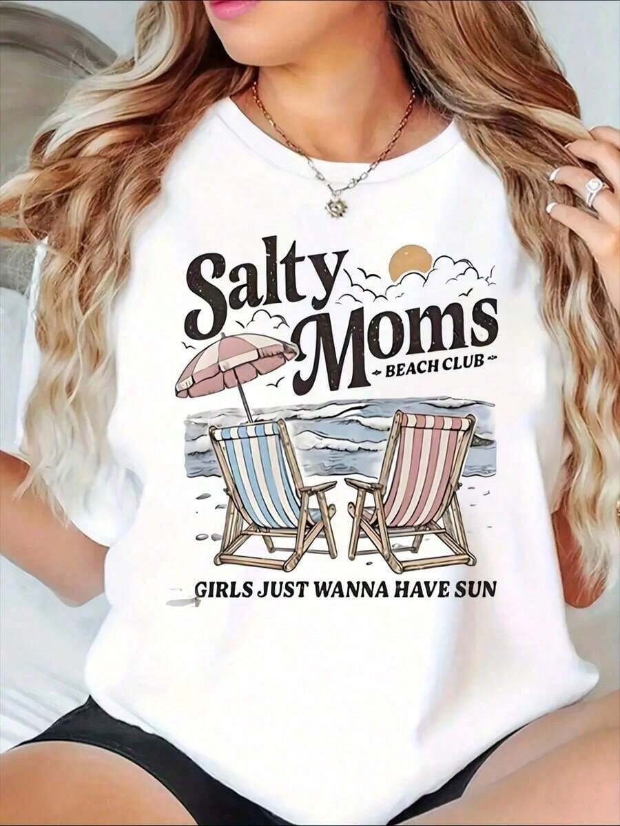 Women's T-Shirt 100% Cotton Fashionable New Summer Summer Print "Salty Moms" Comfortable Breathable Durable Casual Short Sleeve Clothing - 白色 - 查看 1