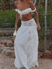 Women 2 Piece Cover Up Set Tie-Up Cami Tops And Patchwork Lace Low Rise Long Skirt For Beach Party - White - View 8