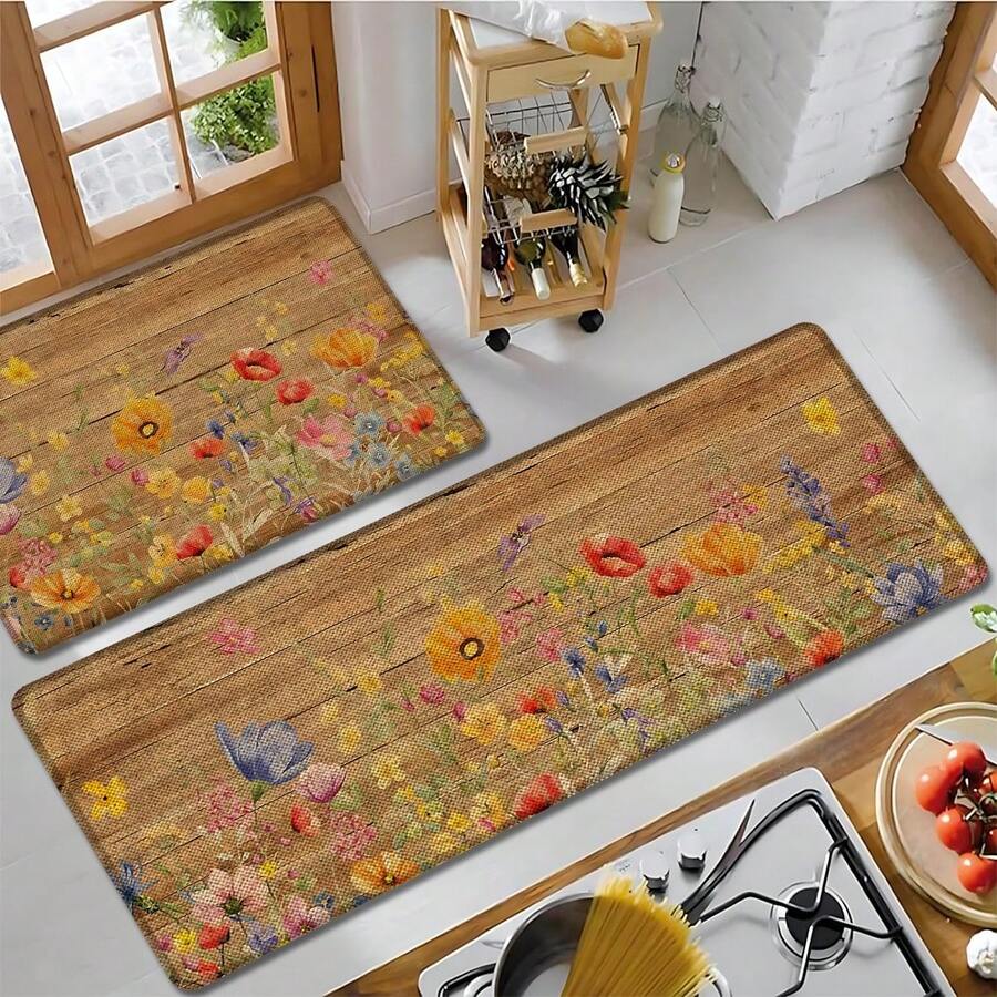 1 pieza, Decoración del hogar, Estampado de patrón floral, Alfombra de cocina de lino, Tapete de cocina, Tapete de piso, Tapete de baño, Tapete de puerta, Impresión 3D rectangular, Adecuado para sala de estar, dormitorio, pasillo, baño, lavandería - Alfombra de poliéster, Adecuado para decoración del hogar interior y exterior - Multicolor - Ver 1